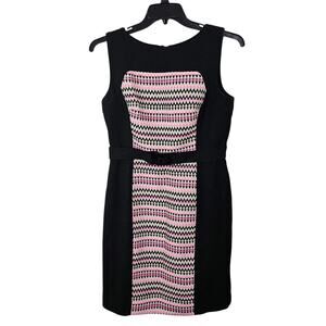 Milly of NY Wool Tweed Sheath Belted Black and Pink Below Knee Dress. Size 12